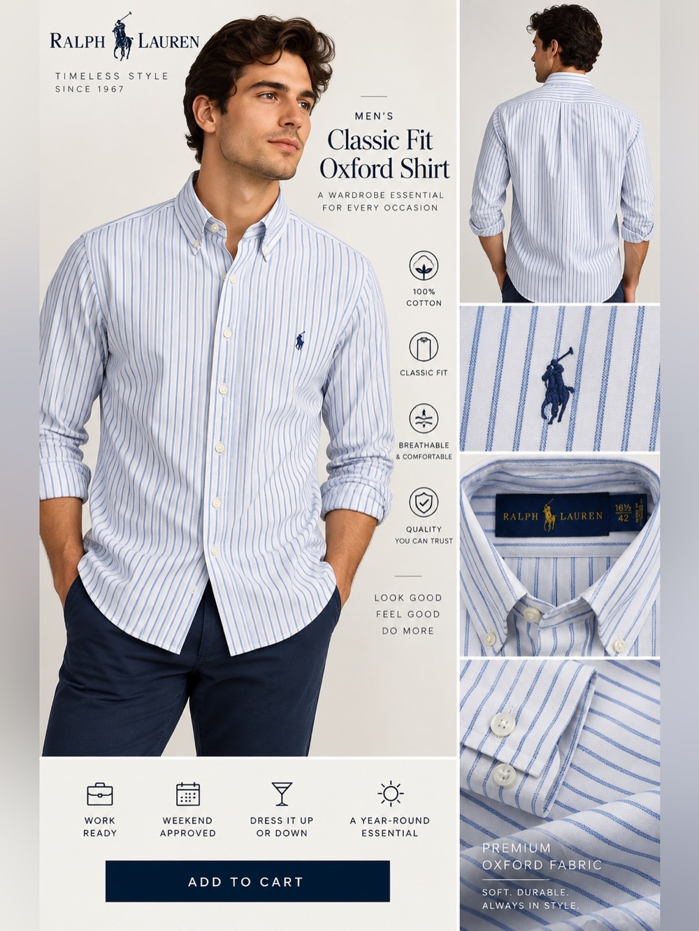 Ralph Lauren Blue and White Striped Classic Fit Oxford Shirt